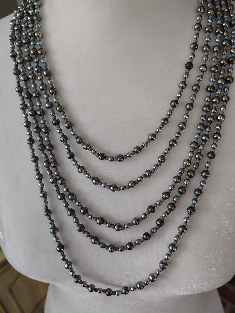 Multi-Strand Blue and Silver Vintage  Beaded Necklace - Women Jewelry